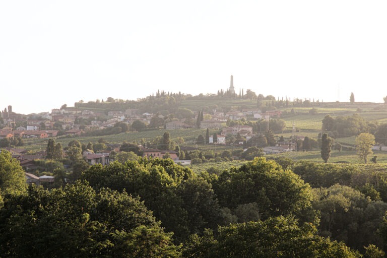 Vista paesaggistica della Cantina Gorgo con sullo sfondo l'ossario di Custoza